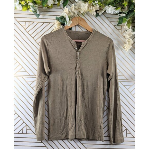 Filatures Du Lion Deluxe Tee Shirt Henley Long Sleeve Brown 100% Cotton Size L - Picture 1 of 8